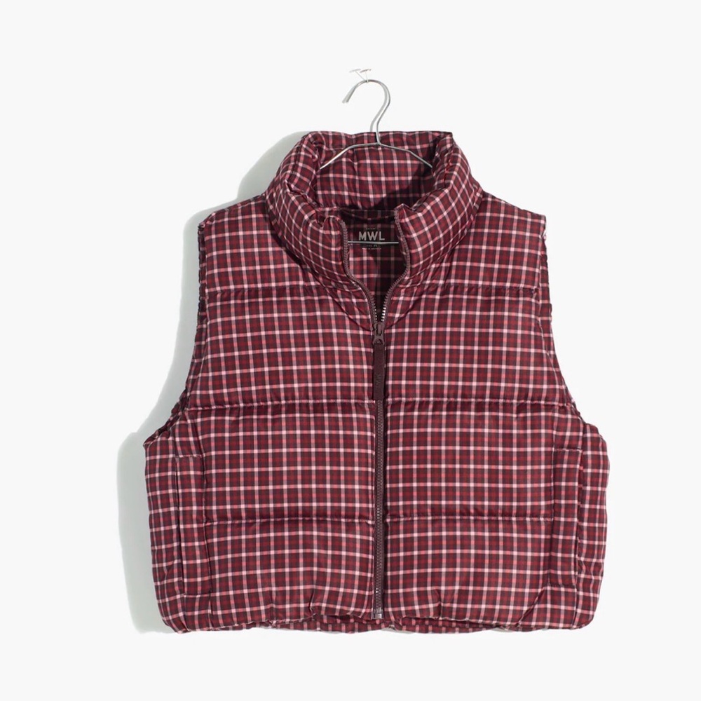 Madewell MWL Cropped Spices Raisin Burgundy Puffer Vest in Plaid, L